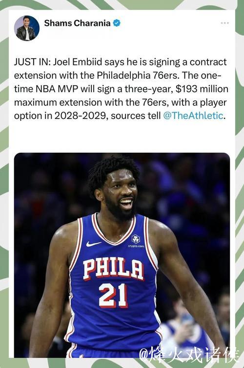 恩比德与76人提前续约3年1.93亿，总合同价值超3亿